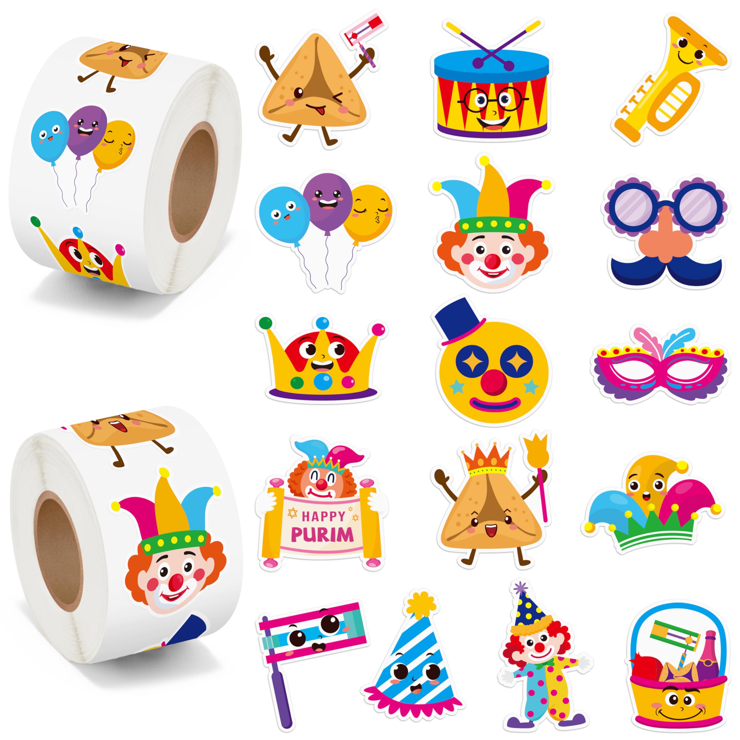 BeYumi Happy Purim sticker roll 1 featuring masks and crowns for festive decor.