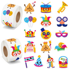 BeYumi Happy Purim sticker roll 1 featuring masks and crowns for festive decor.