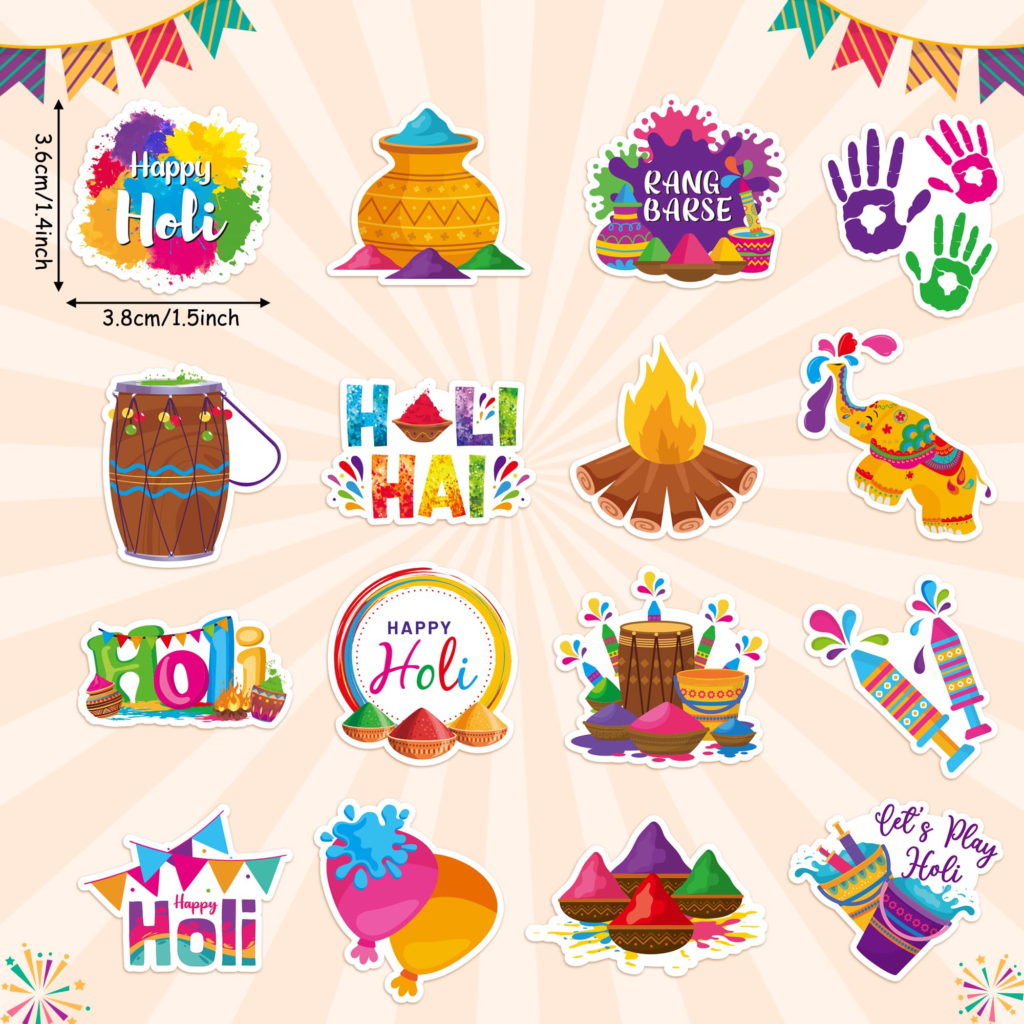 Close-up of BeYumi Holi stickers showing bright colors and playful motifs.
