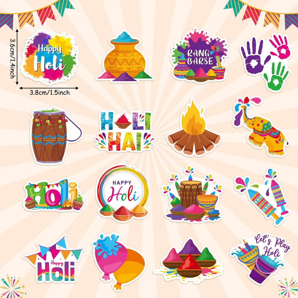 Close-up of BeYumi Holi stickers showing bright colors and playful motifs.