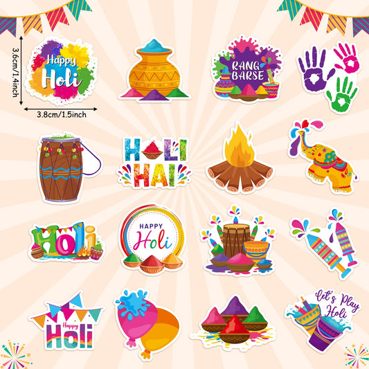 Close-up of BeYumi Holi stickers showing bright colors and playful motifs.
