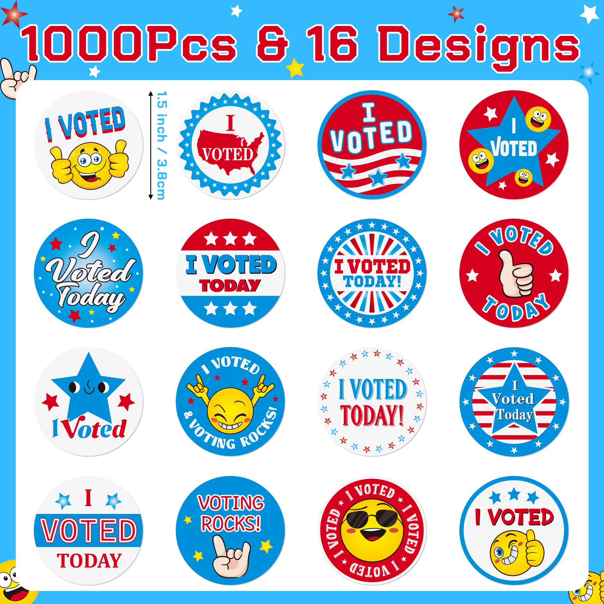 BeYumi I Voted Today stickers feature 16 designs for versatile campaigns.