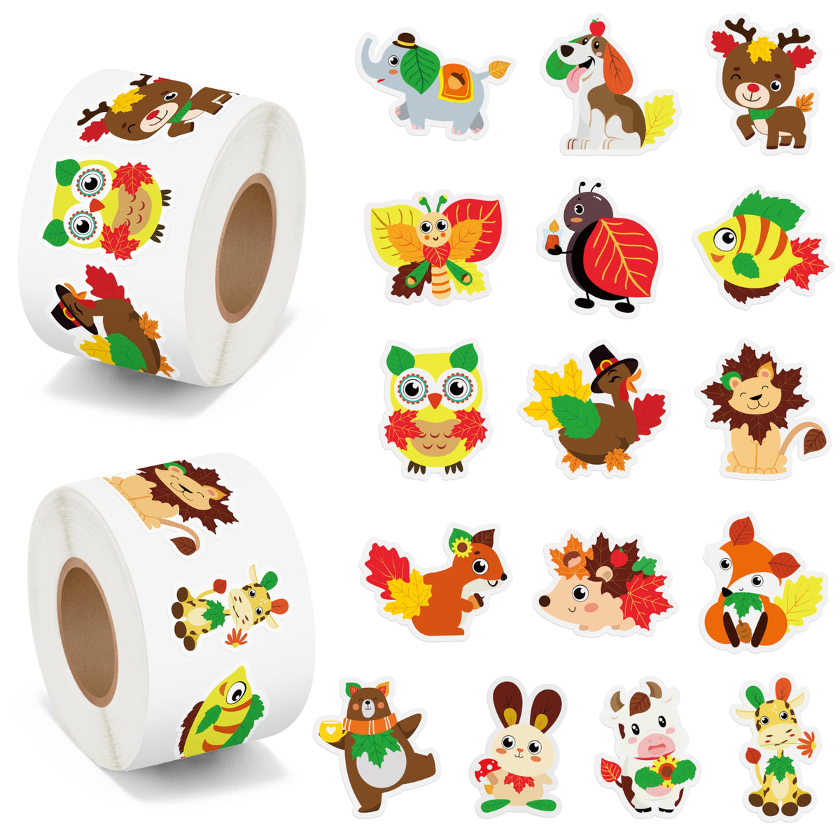 BeYumi Maple Leaves Animals Stickers roll 1 – vibrant autumn leaves and cute animals for crafts