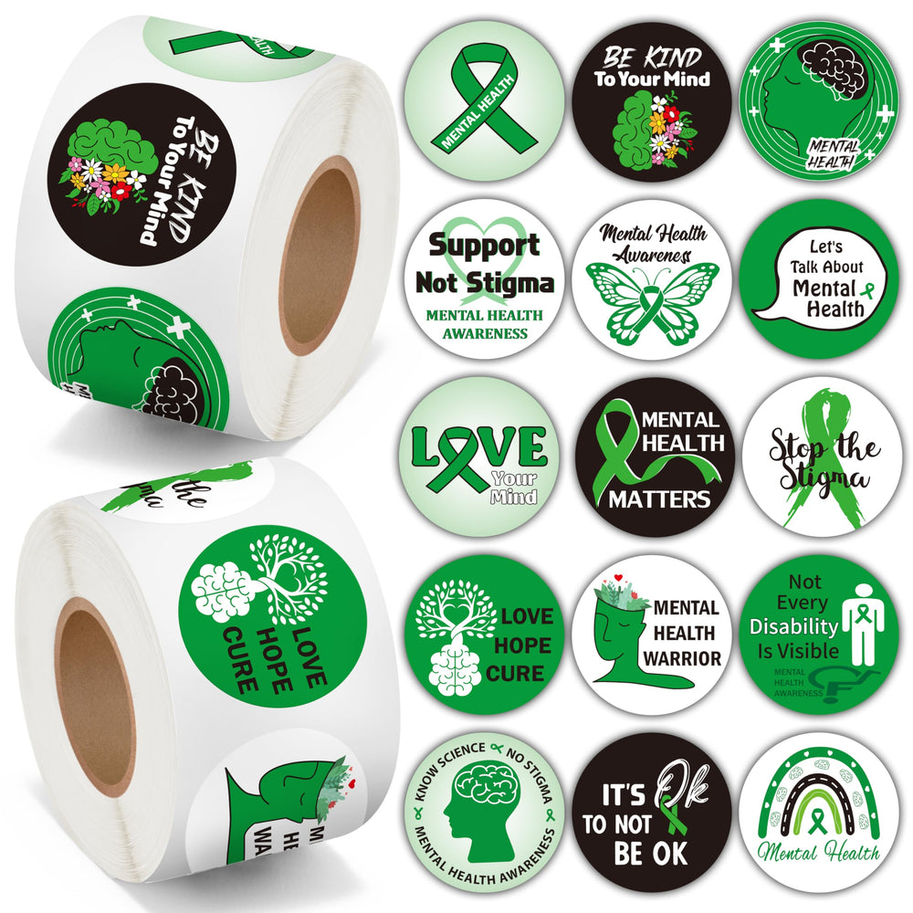 BeYumi Mental Health Awareness stickers with green ribbon design for school campaigns.