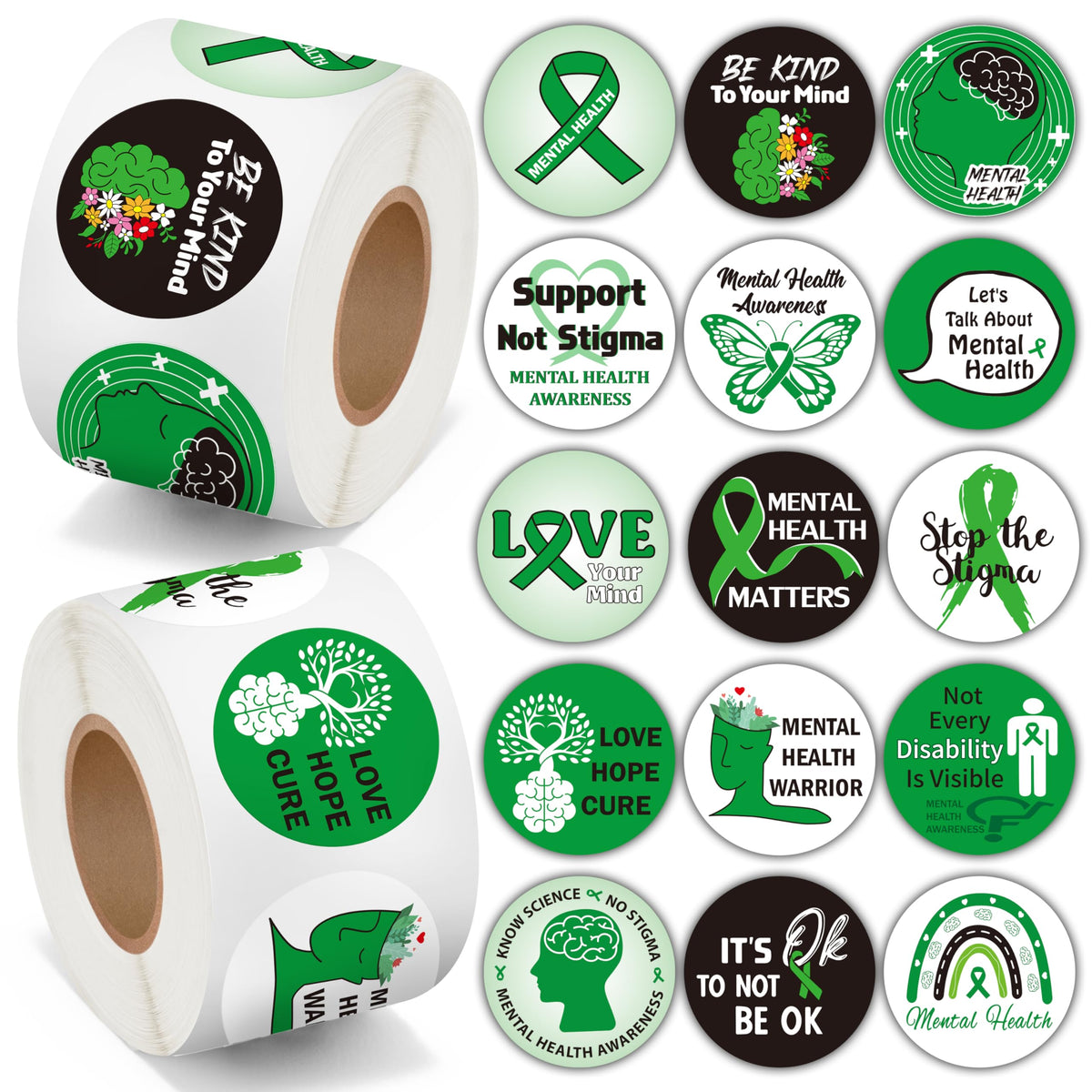 BeYumi Mental Health Awareness stickers with green ribbon design for school campaigns.