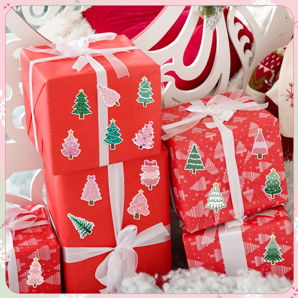 BeYumi pine tree stickers applied to gift wrap for festive decor.
