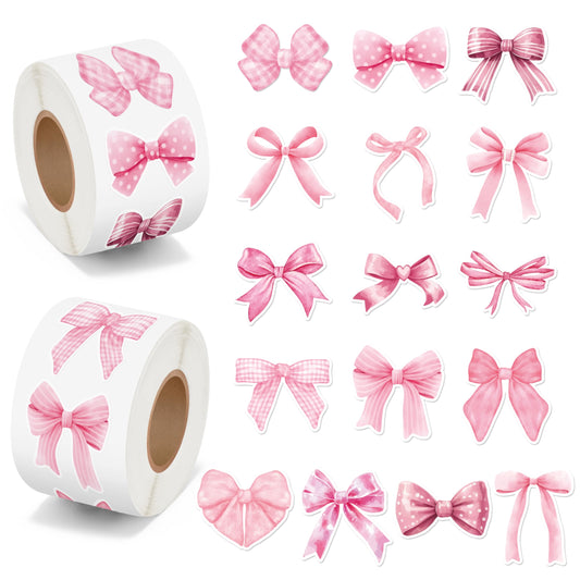 BeYumi Pink Bows sticker roll packaging with two rolls for versatile decorating on gifts, laptops, and more