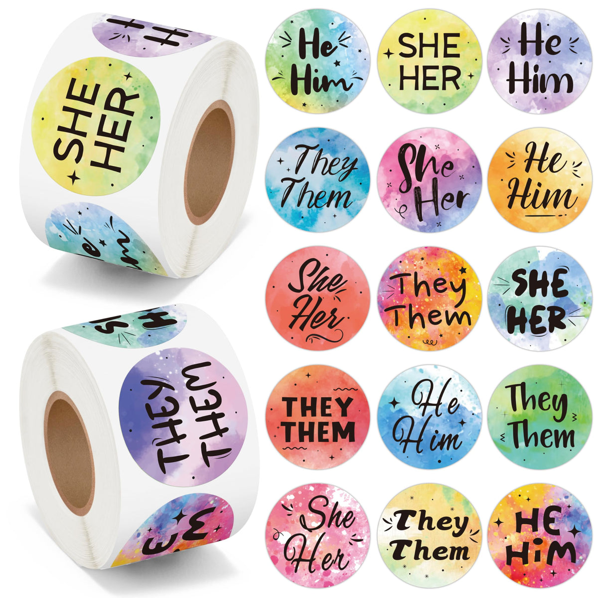 BeYumi pronoun stickers on packaging with round rainbow design for collection visibility