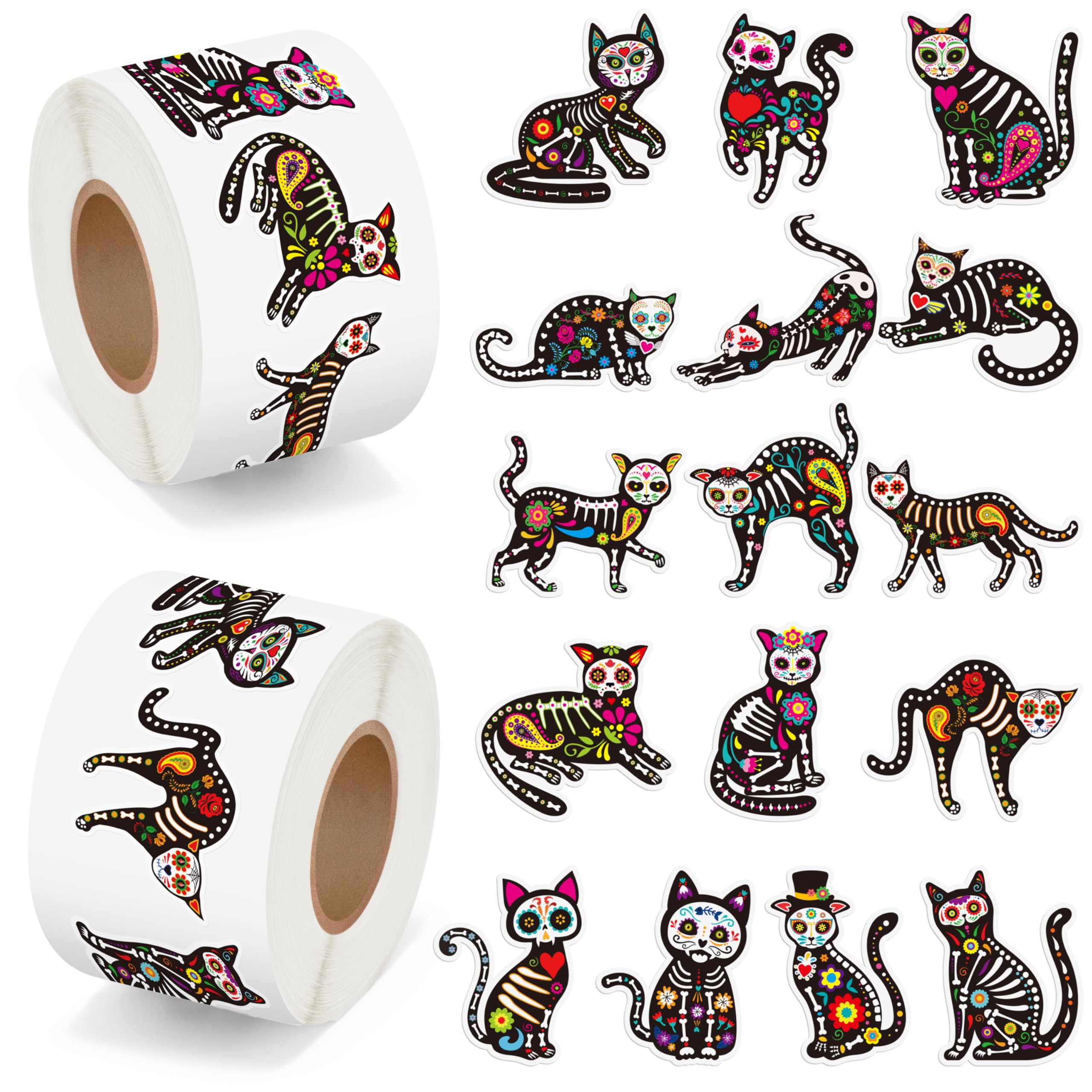 BeYumi Skeleton Cat Roll Stickers two-roll set, 500 per roll, ideal for party decor and quick DIY crafts.