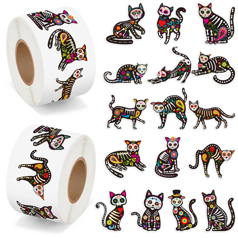 BeYumi Skeleton Cat Roll Stickers two-roll set, 500 per roll, ideal for party decor and quick DIY crafts.