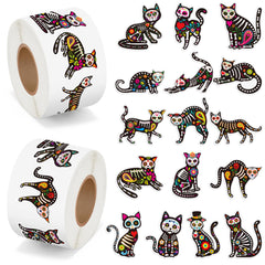 BeYumi Skeleton Cat Roll Stickers two-roll set, 500 per roll, ideal for party decor and quick DIY crafts.