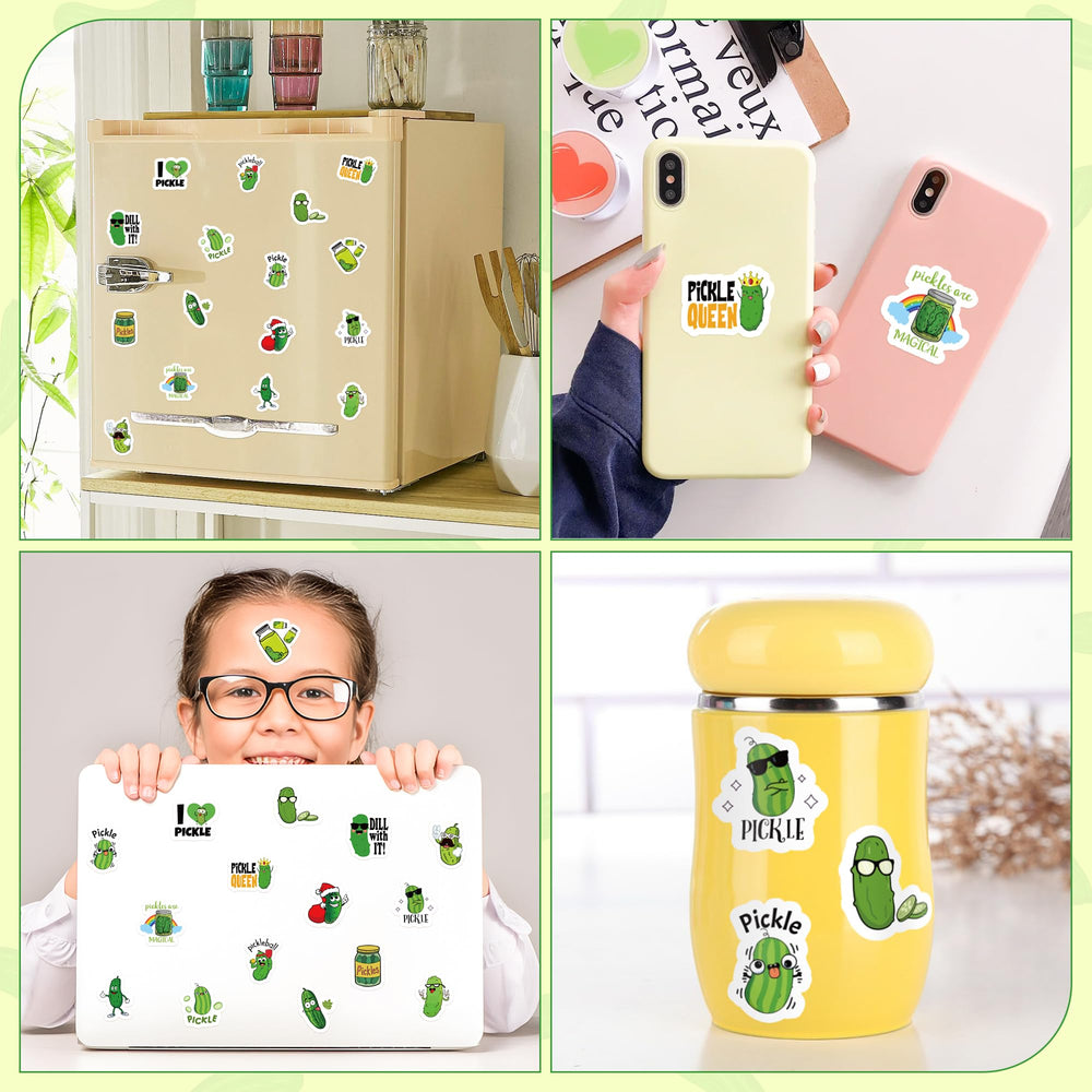 BeYumi pickle stickers applied to a water bottle for everyday use