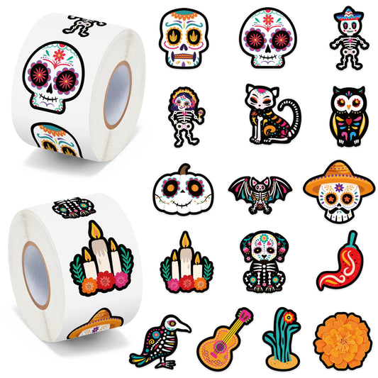 BeYumi sugar skull roll stickers on a water bottle showcase vivid Día de los Muertos decor
