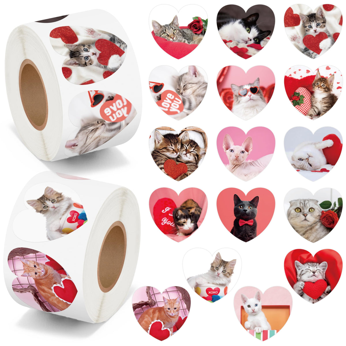 BeYumi Valentine cat stickers roll set for cards and gifts, 500 per roll