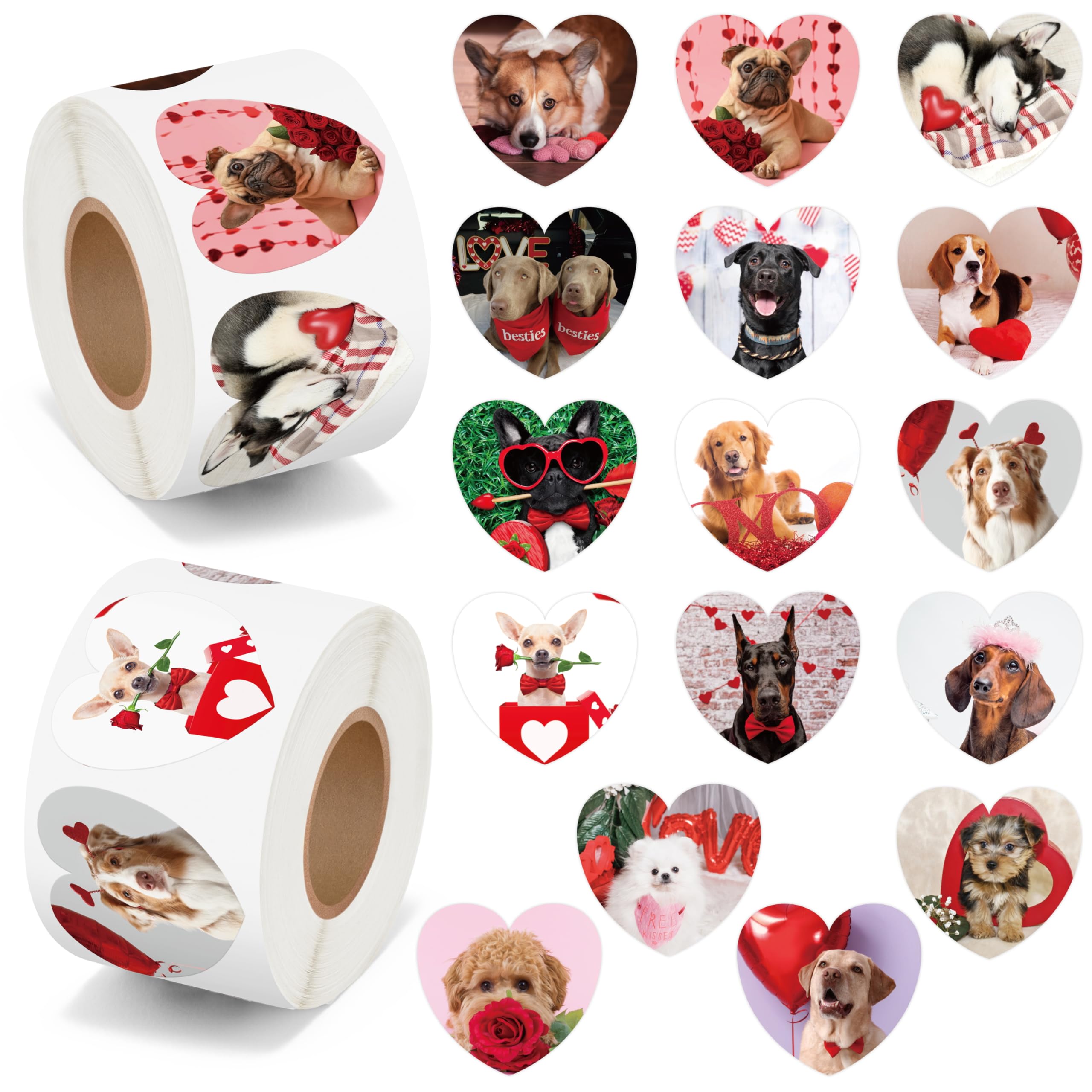 BeYumi Valentine dog stickers roll 1 for greeting cards with waterproof durability.