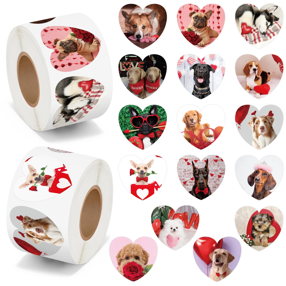 BeYumi Valentine dog stickers roll 1 for greeting cards with waterproof durability.