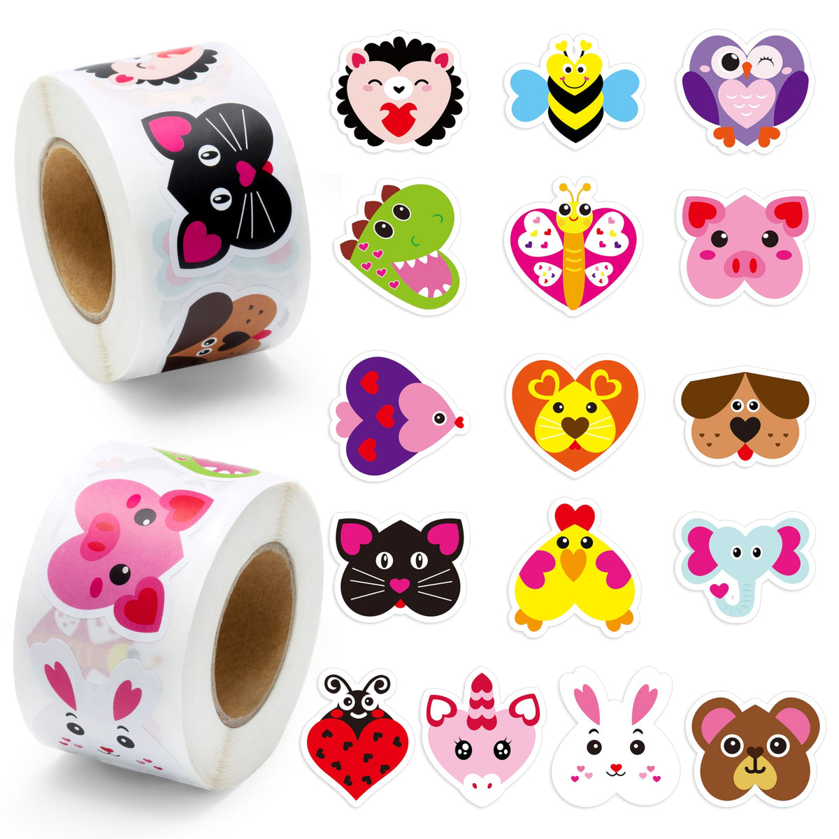 BeYumi Valentine heart stickers roll 1 with playful animals for greeting card decoration.