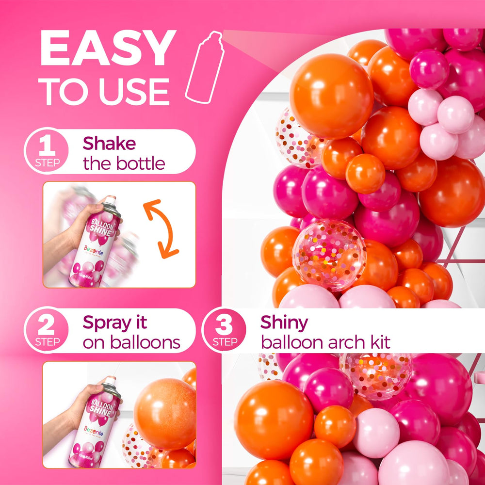 Bezente Balloon Shine Spray close-up reveals mirror-like gloss on balloons.