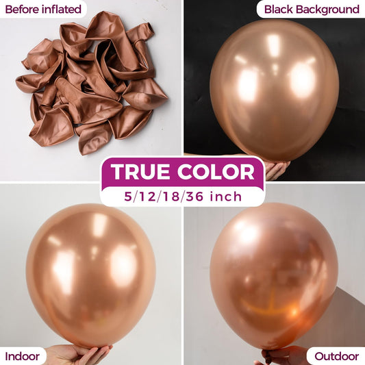 Bezente rose gold 12-inch latex balloons catching light for elegant decor