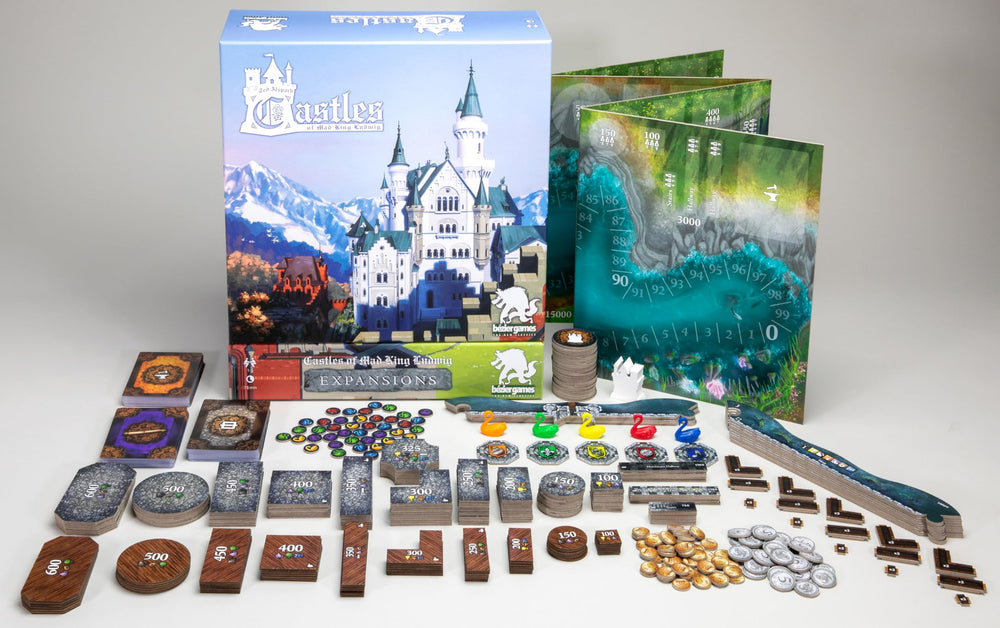 Bezier Games Castles of Mad King Ludwig Moats and Towers add defense and scoring opportunities.