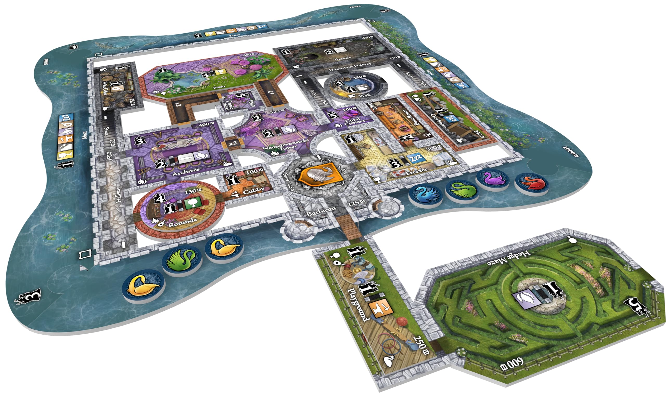 Bezier Games Castles of Mad King Ludwig Swan Tokens enable cash or end-game VP options.