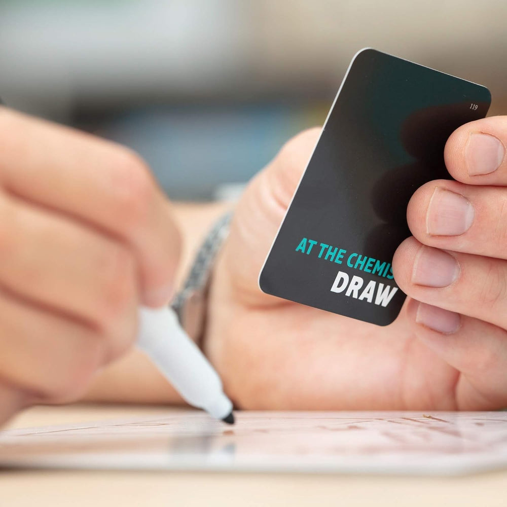 Close-up on challenge cards spanning trivia and pop culture