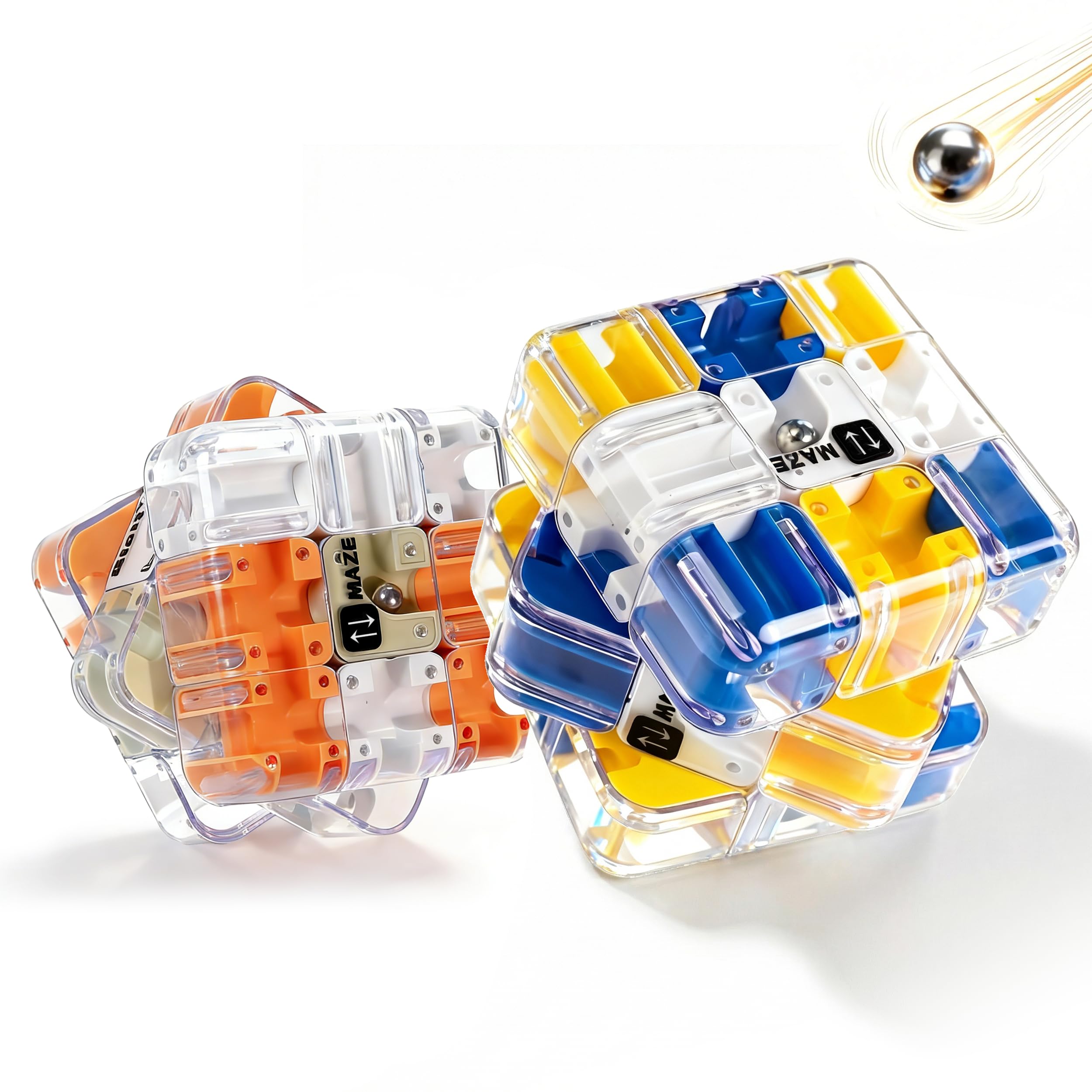 BFTDjanus 2-pack 3D Maze Cube Puzzle blue-yellow front view promotes color matching and problem solving.