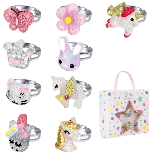 BGSHEMNI little girl jewel rings in a star box for party play and gifting.