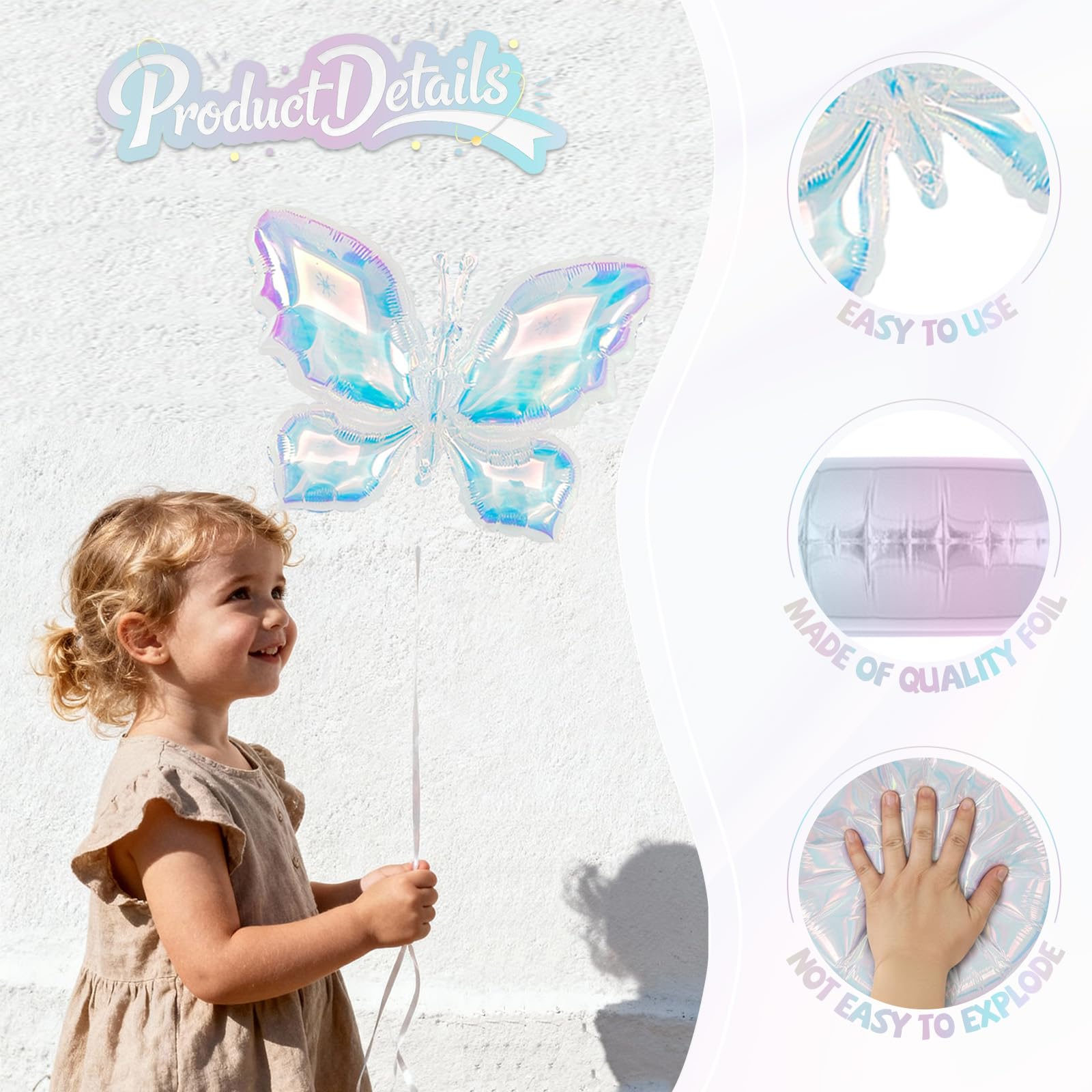 Biapian iridescent butterfly balloon inflates easily using straw and self-sealing valve