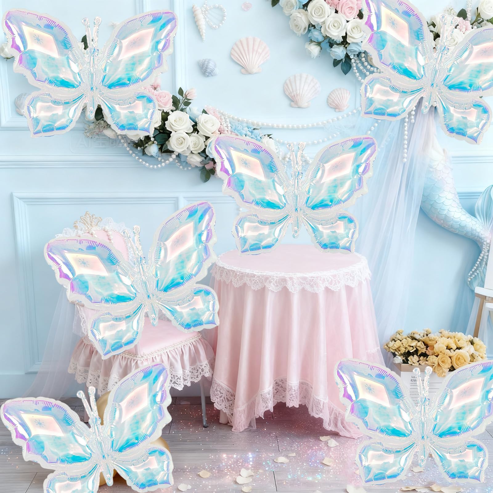 Biapian iridescent balloons create a photo corner with floating elegance