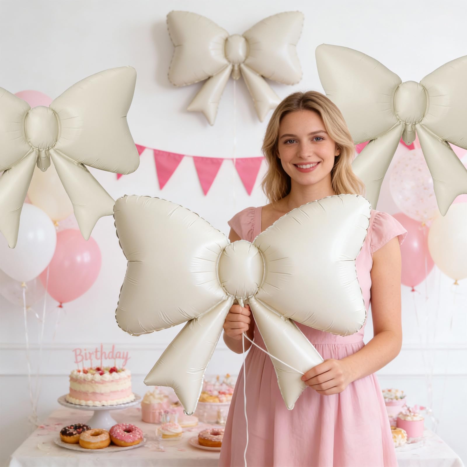 Biapian cream bow balloon with ribbon for quick party decoration
