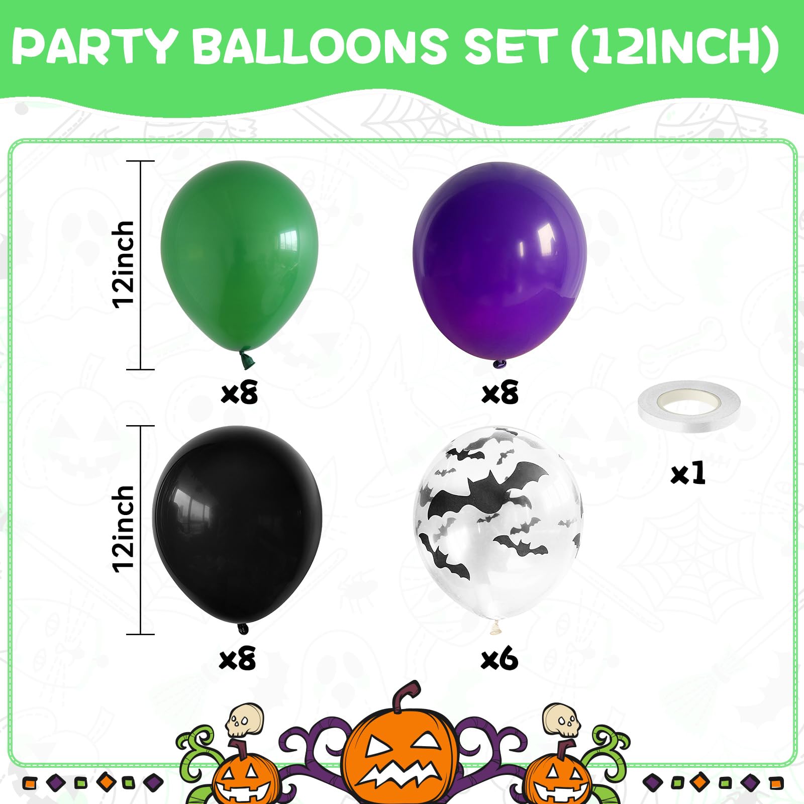 Biapian latex bat-printed balloon in green adds playful Halloween vibe.
