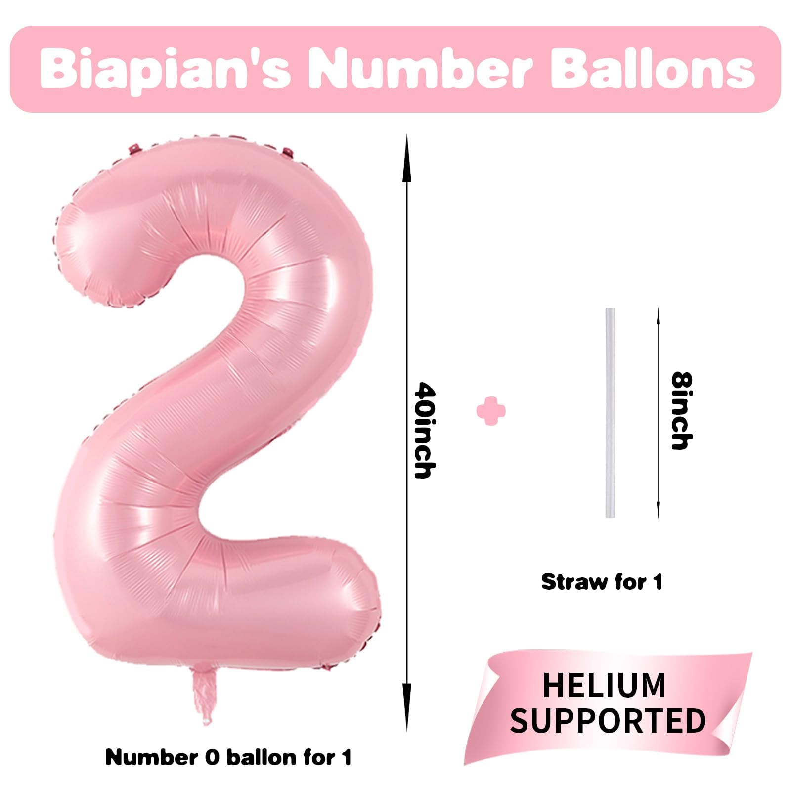 Biapian pearl pink foil number 2 balloon close-up, premium decor material.