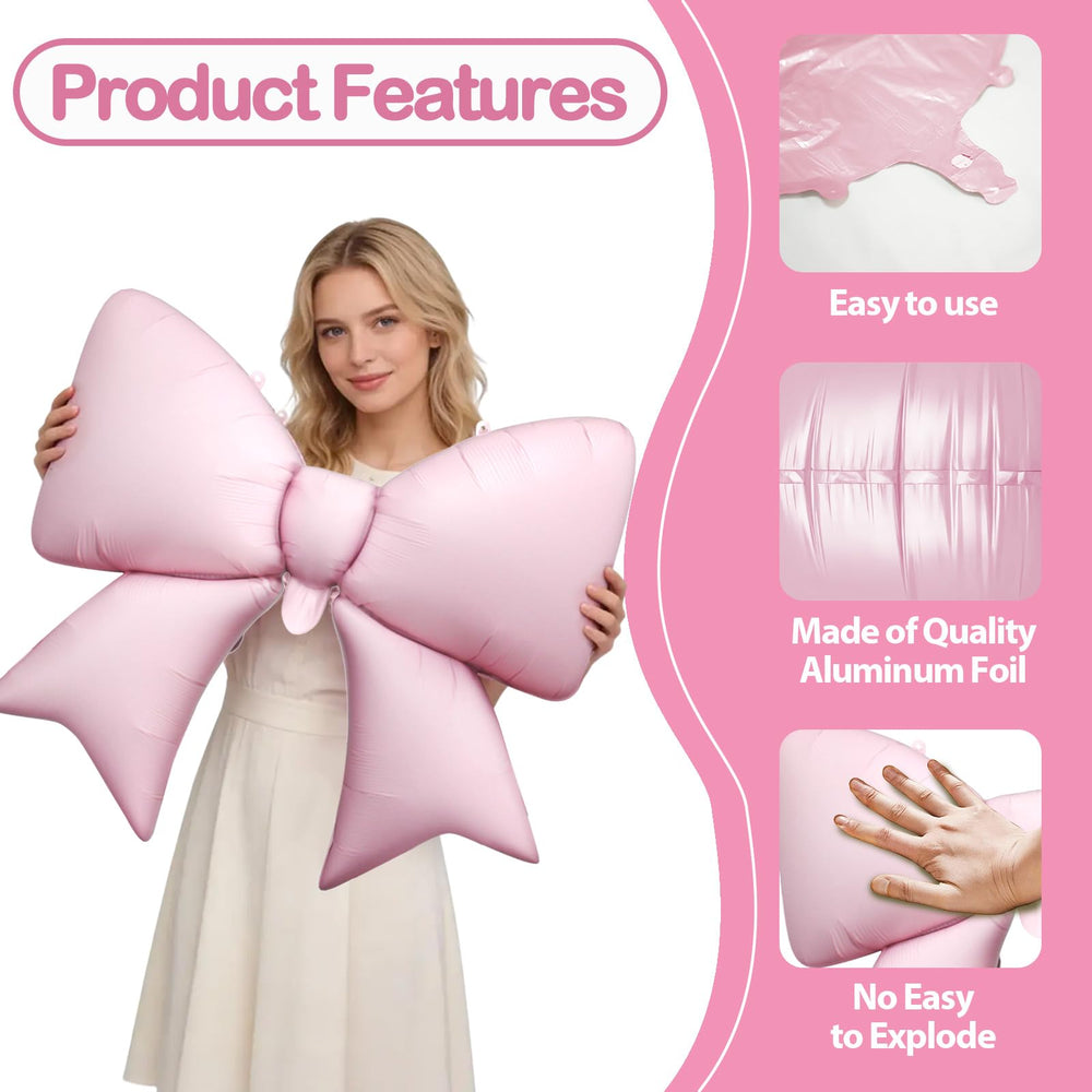 Biapian pink bow balloon glossy finish reflects light beautifully.