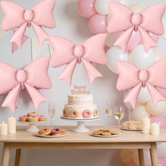 Biapian pink bow balloon with ribbon included for easy setup.