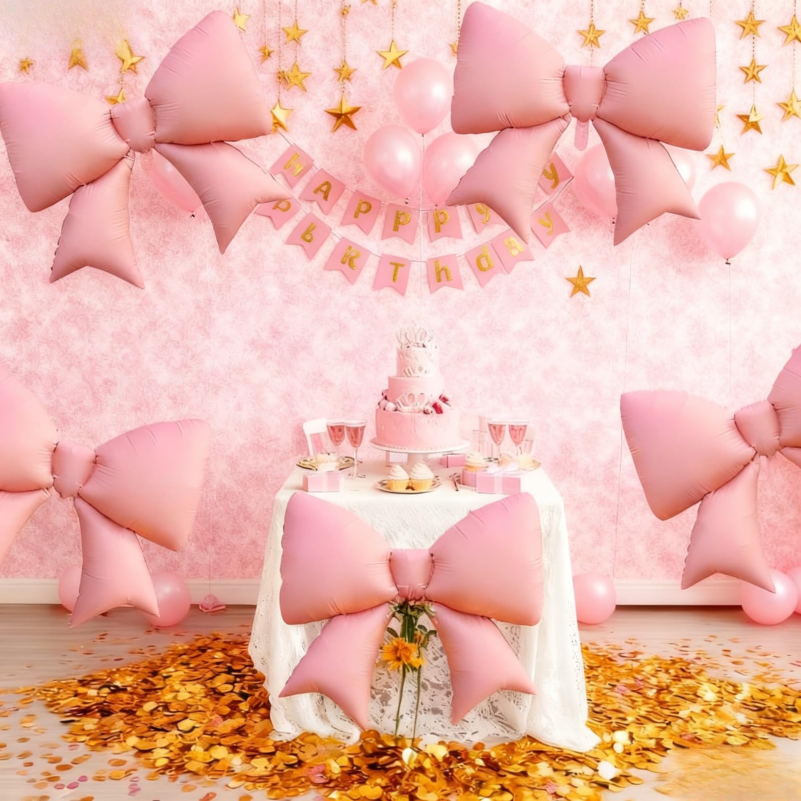 Biapian pink bow balloon features a self-sealing valve.