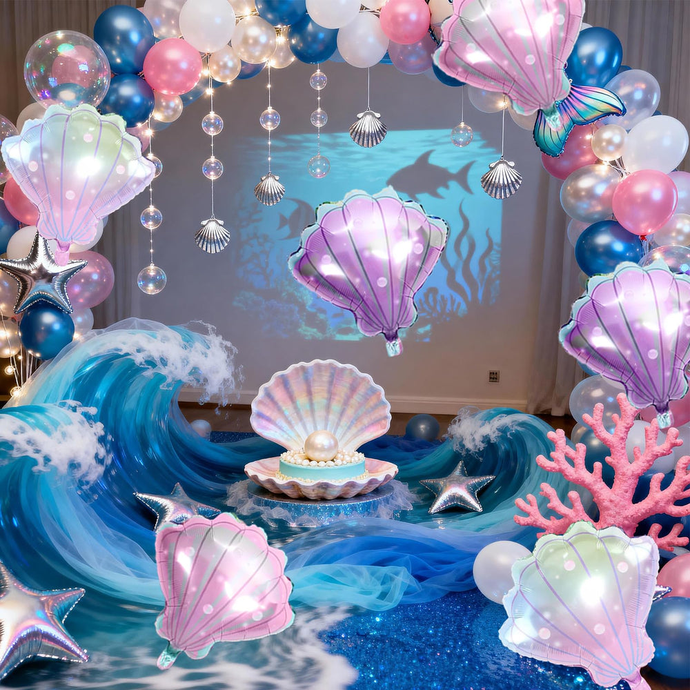 Biapian sea shells balloons pink mermaid side view, creates festive entrance framing.