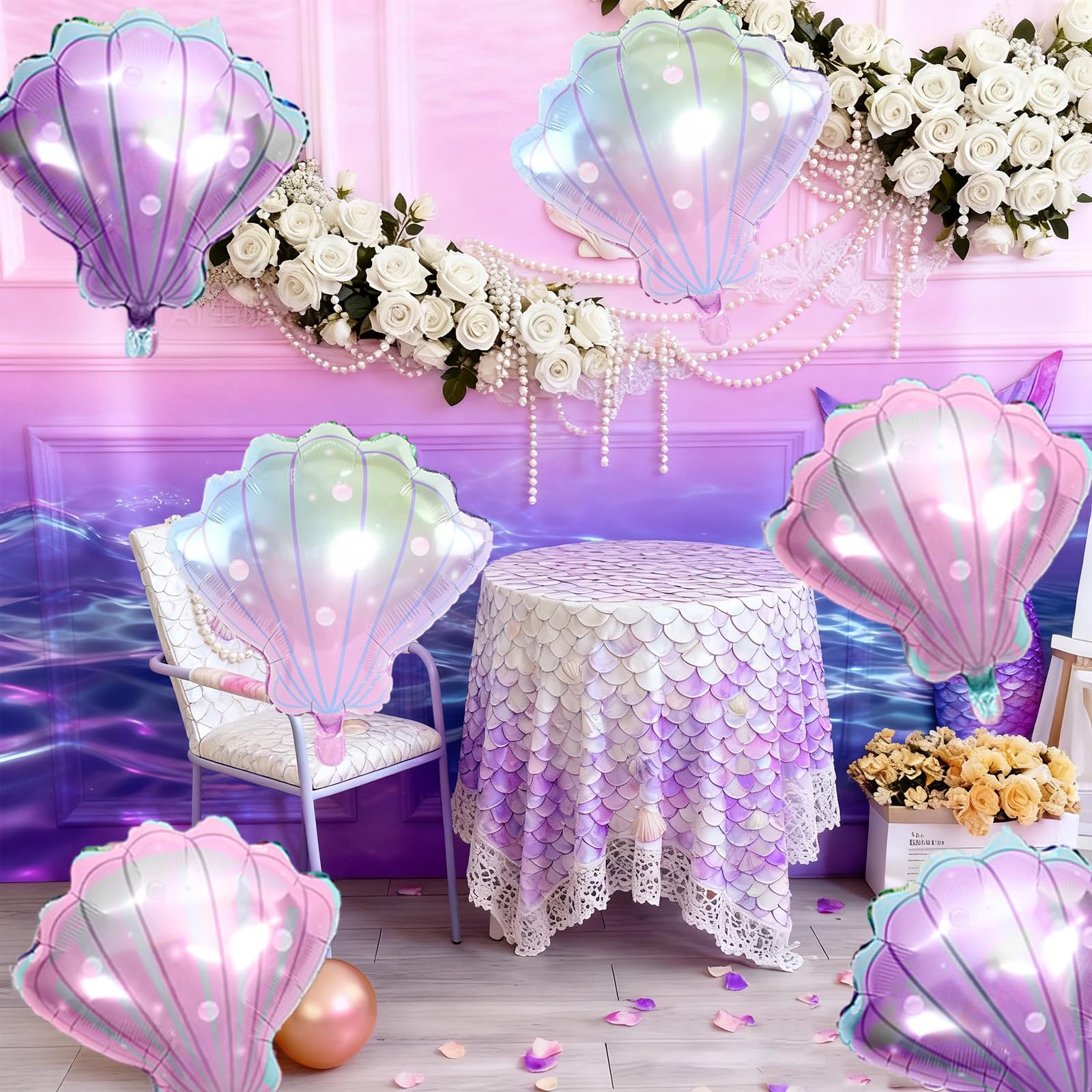 Biapian sea shells balloons purple mermaid side view, great for dessert and gift tables.