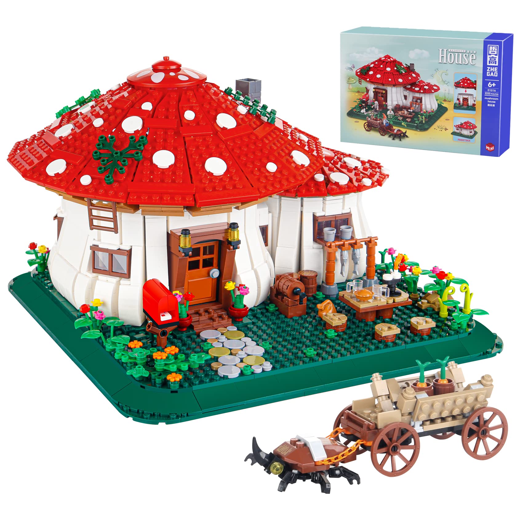 Bibilock mushroom house building blocks, exterior view of twin mushrooms for a charming desk display.