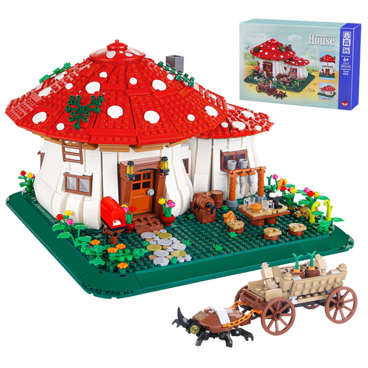 Bibilock mushroom house building blocks, exterior view of twin mushrooms for a charming desk display.