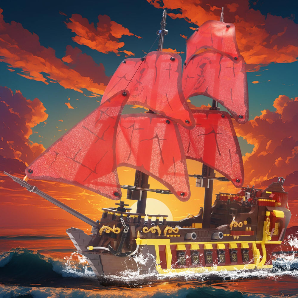 Bibilock red pirate ship side view shows sturdy construction for immersive building.