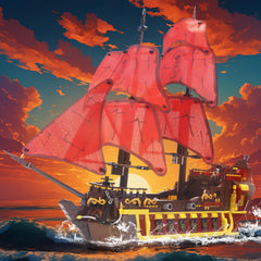 Bibilock red pirate ship side view shows sturdy construction for immersive building.
