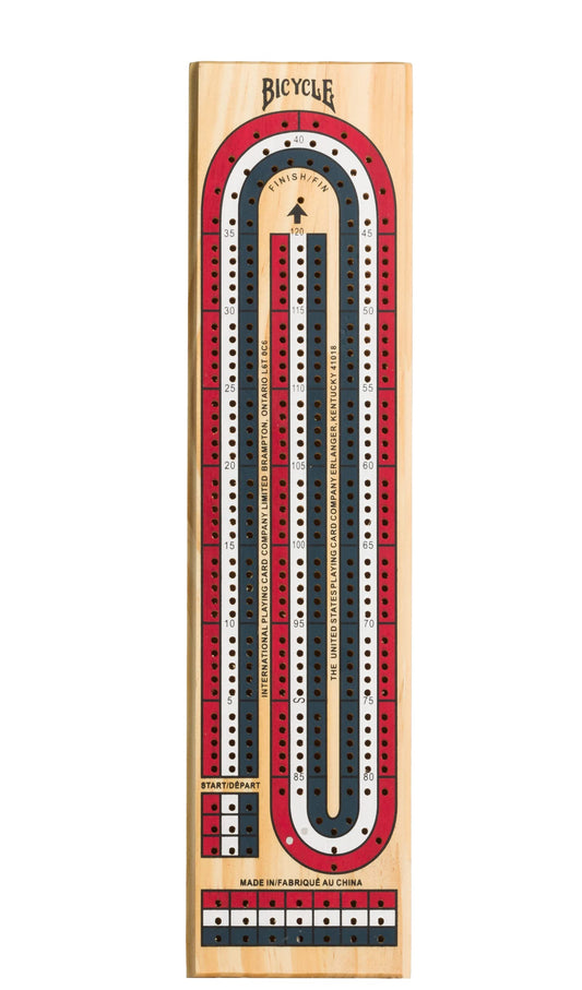 Bicycle 3-Track Cribbage Board with red pegs for fast scoring.