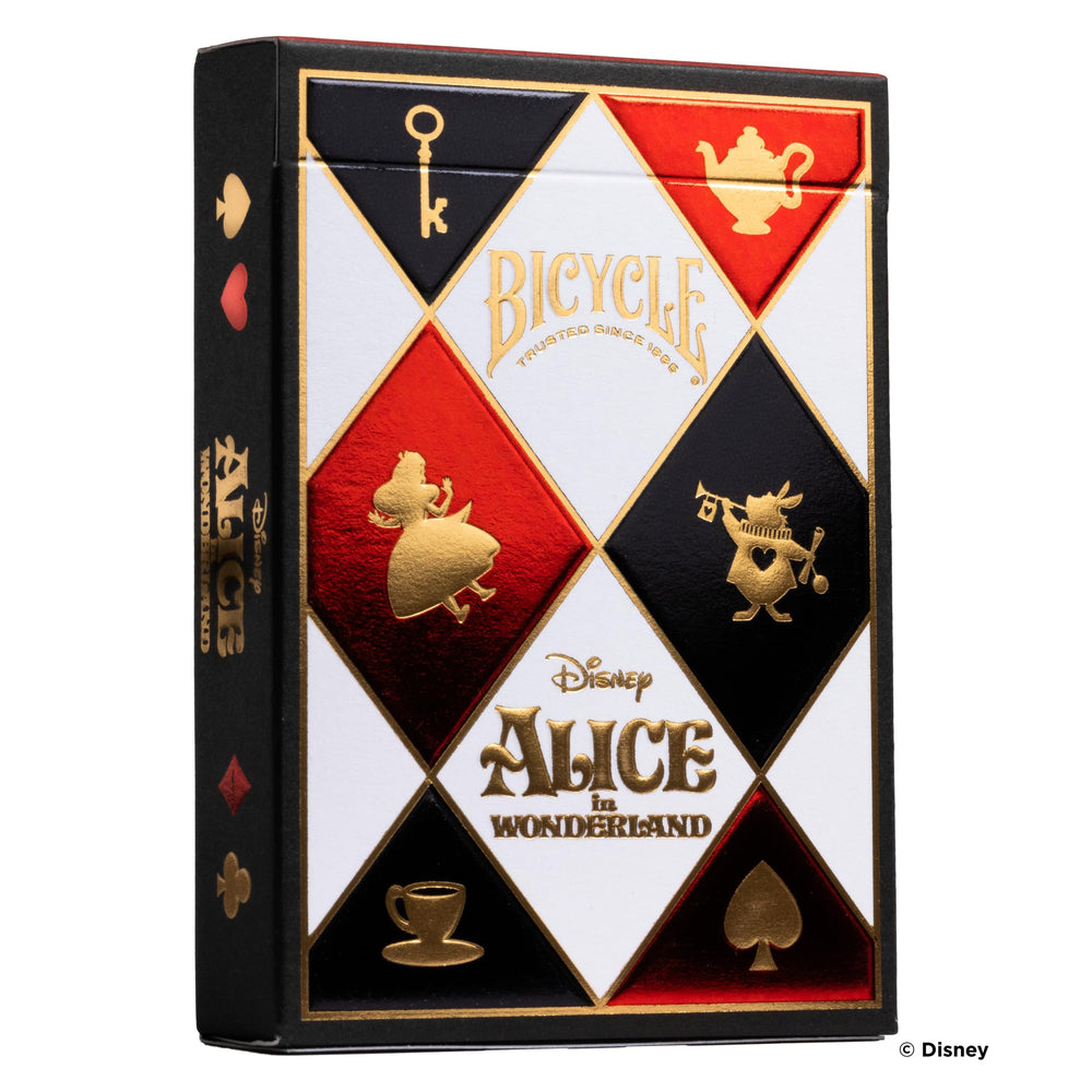 Bicycle Disney Alice in Wonderland tuckbox with gold foil for a regal opening.
