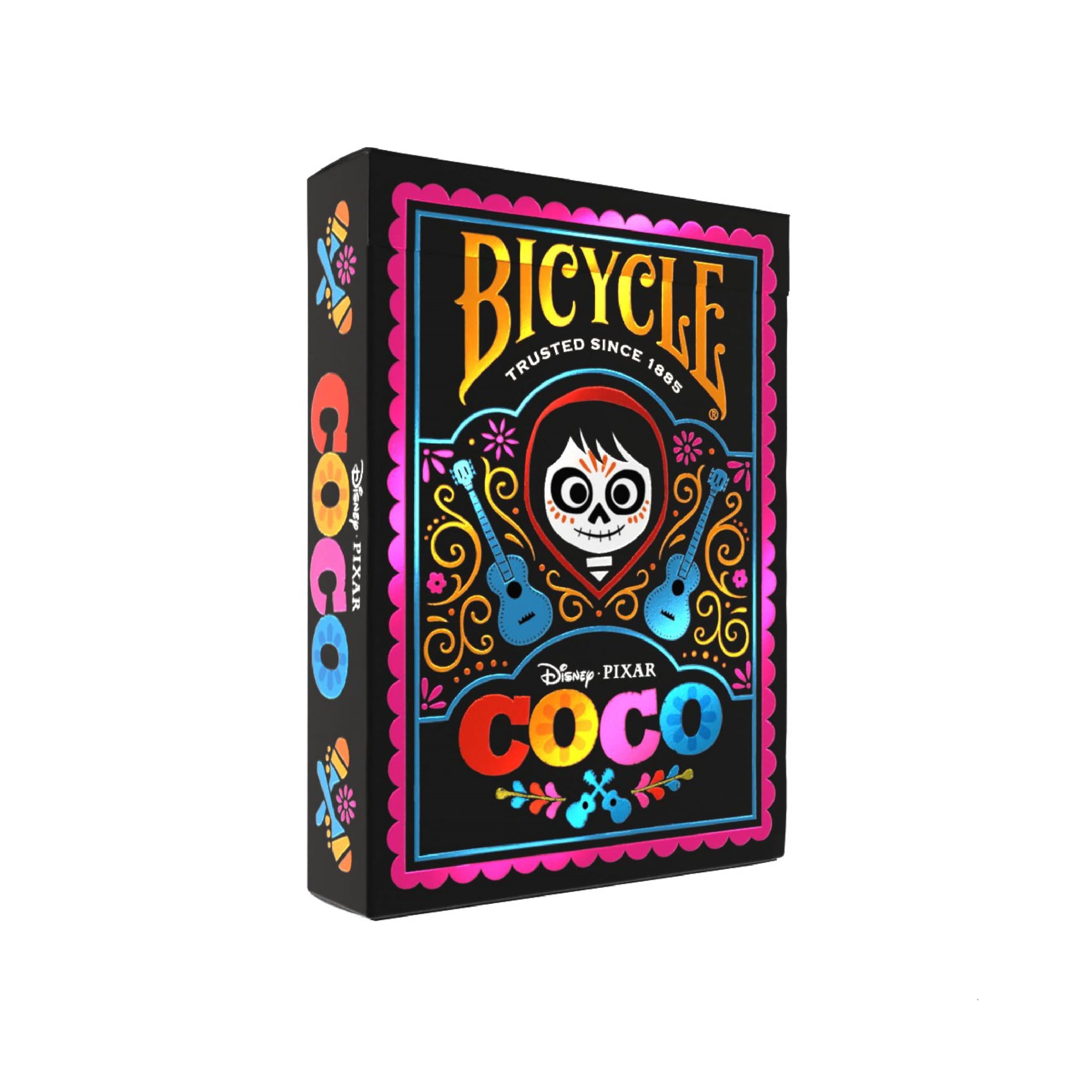 Bicycle Disney Coco 52-card deck with holo-foil tuck case for vibrant shelf appeal.