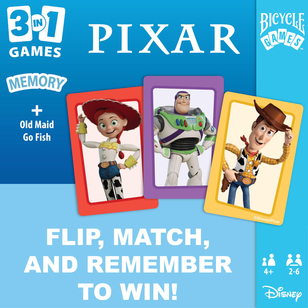 Game-night setup image for Bicycle Disney Pixar 3-in-1 cards highlights easy setup