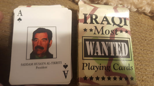 Bicycle Iraqi Most Wanted pack cover, military-themed design for collectors and game nights.
