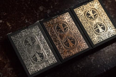 Bicycle Metalluxe Black Gold deck foil closeup showing reflective finish.