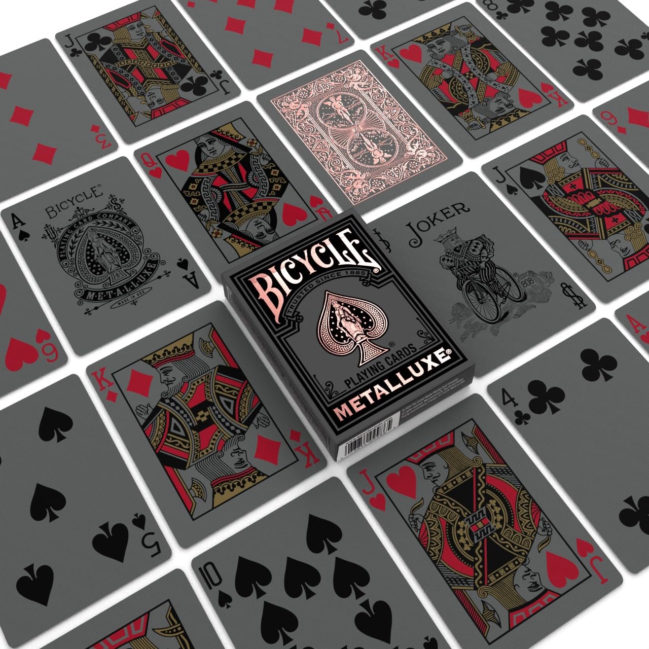 Bicycle Metalluxe Black Rose Gold deck foil closeup with shimmer.