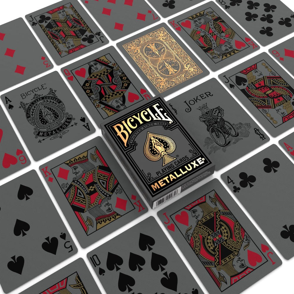 Bicycle Metalluxe Black Silver deck foil closeup showing crisp contrast.